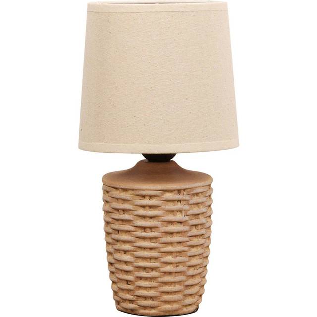 Basket Weave Small Table Lamp with Beige Linen Shade - Tan