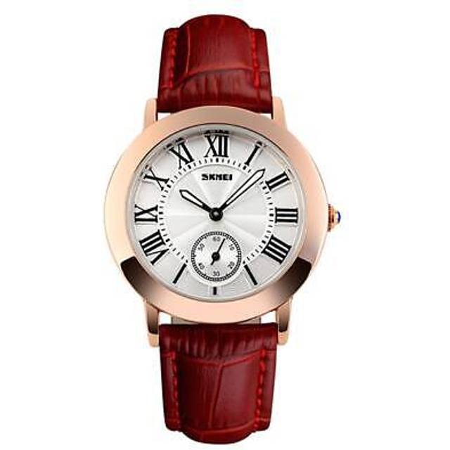 (Red) Skmei Beautiful Women's Watch Rose Gold Roman Numerals Genuine Leather Strap