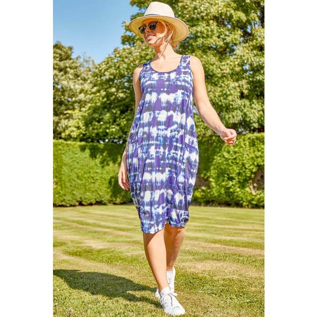 Roman Blue Tie Dye Print Pocket Cocoon Dress - Size 16