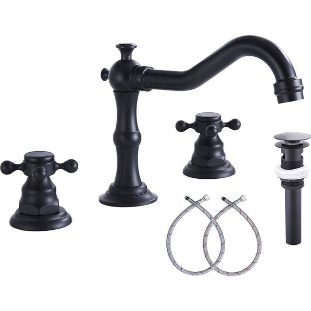 GGStudy Black Bathroom Faucet 2 Handles 3 Holes Faucet 8 inch Widespread Bathroom Sink Faucet Tap Mixer Supply Hose Included Matching Metal Pop Up Dra
