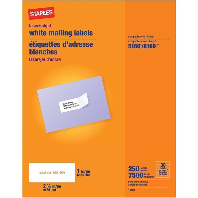 Staples 479884 Laser/Inkjet Address Labels 1-Inch x 2-5/8-Inch White 30 Labels/Sheet