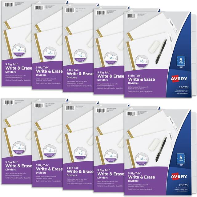 Avery Write & Erase Big Tab Paper Dividers for 3 Ring Binder  White  5 Tab Set  10 Packs  10 Sets Total (23075)
