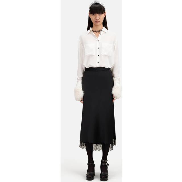 The Kooples Womens Black Scalloped Lace-trim High-rise Silk Midi Skirt Xs - BLACK