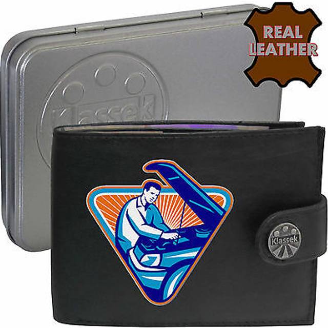 (Standard) Car Machanic Auto Engineeer Mens Wallet Chain Leather Coin Pocket Klassek RFID Blocking Credit Card Slots and Metal Gift Box