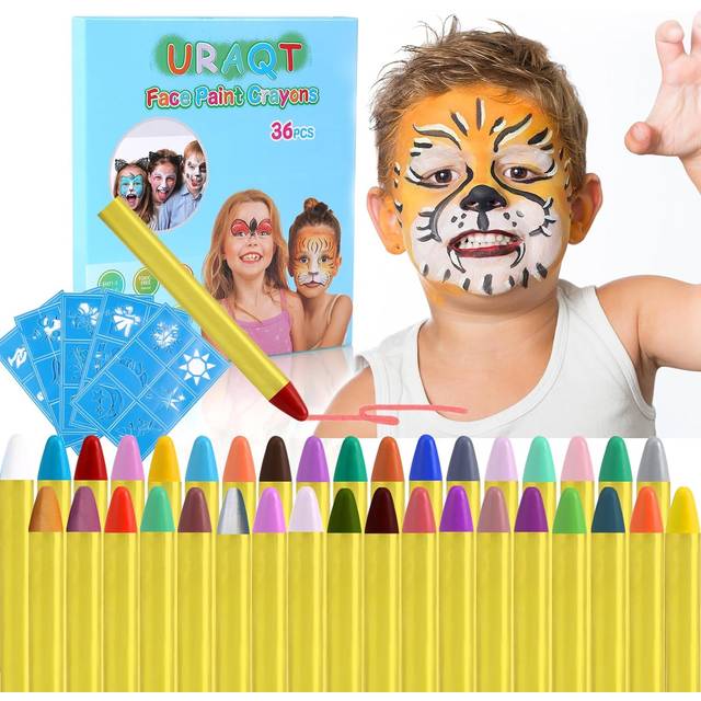 URAQT Ansiktsfärg Kritor, 36 Färger Barn Kropp Ansiktsfärg Set Med 30 Färg Stencils, Perfekt för Halloween/jul/Makeup Cosplay