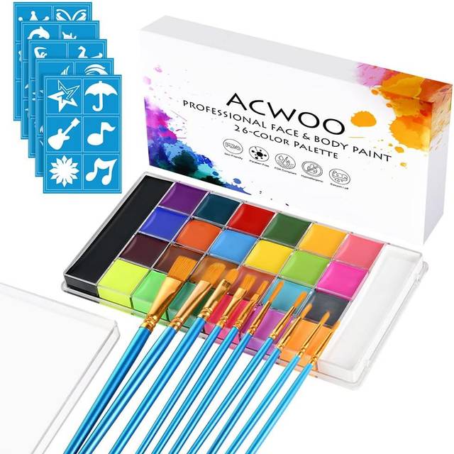 Face Body Paint, 26 Colors Face Painting Palette with 10 Brushes 30 Stencils, Safe Non-Toxic Face Paint Set for Kids Adults, Washable Oil Based Body