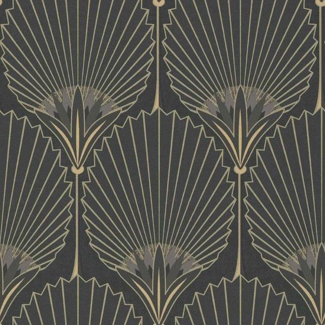 Grandeco Art Deco Nile Palm Textured Wallpaper 10m x 53cm Black Gold, Black