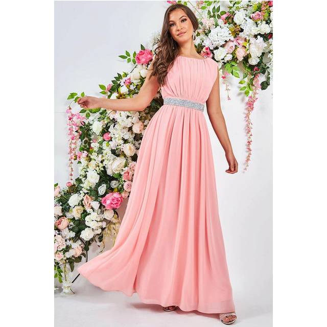 Goddiva Chiffon Maxi With Embellished Belt - Peach - 18