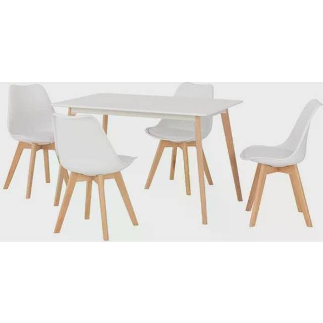 Bendal Dining Set 4 Chairs in White and Beech with White PU Leather