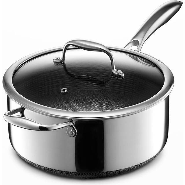 HexClad Hybrid Nonstick 5-Quart Saucepan with Tempered Glass Lid  Stay-Cool Handle  Dishwasher Safe  Induction Ready  Compatible with All Cooktops