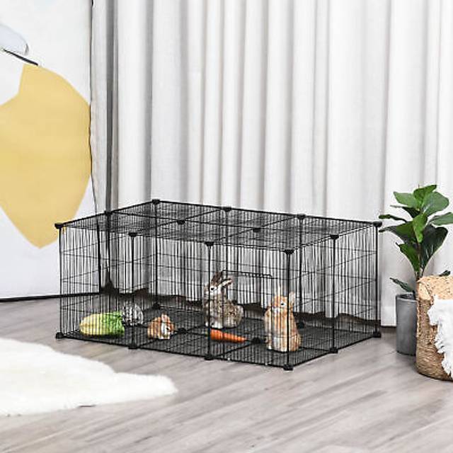Pawhut Pet Playpen Diy Small Animal Cage Metal Fence With Door, 22 Pieces, For Bunny Chinchilla Hedgehog Guinea Pig