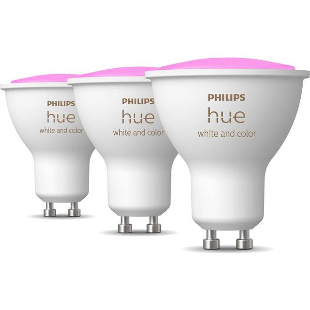 Philips Hue White and Color Ambiance startpaket (3 x GU10 + Hue Bridge + Hue Smart Button): 350 lumen, 5.7W, Zigbee & BT, 2000-6500 Kelvin + 16 miljoner färger, livslängd 15000 timmar, röststyrning