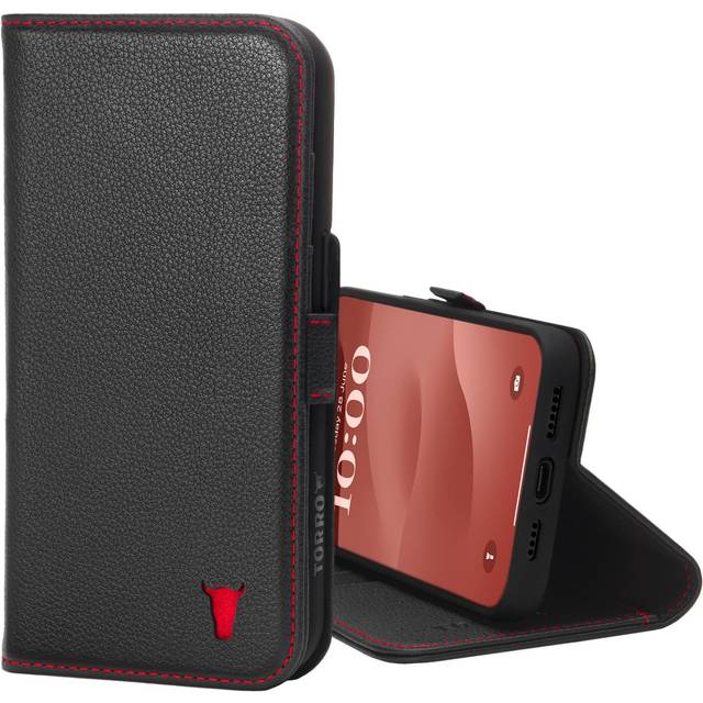 iPhone 15 Pro Max Leather Wallet Case v2.0 (MagSafe Charging) - Black with Red Detail