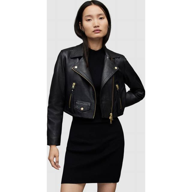 Allsaints Womens Black Elora Cropped Leather Biker Jacket 8 - BLACK