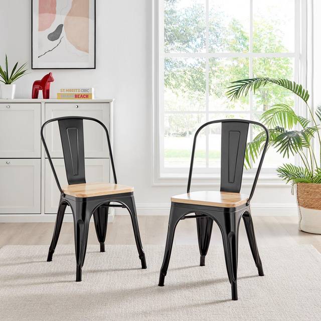 Set of 2 Colton Industrial Steel Stackable Tolix Style Dining Chairs With Pine Seats - Black - One Size