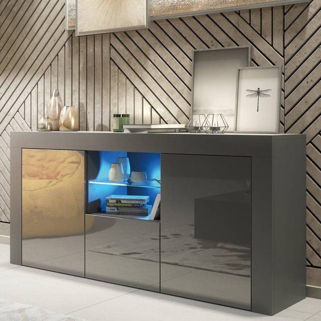 Creative Furniture Aurora Sideboard 145Cm – A Modern And Practical Cabinet With Gloss Doors And Led Lights In Dark Grey - One Size