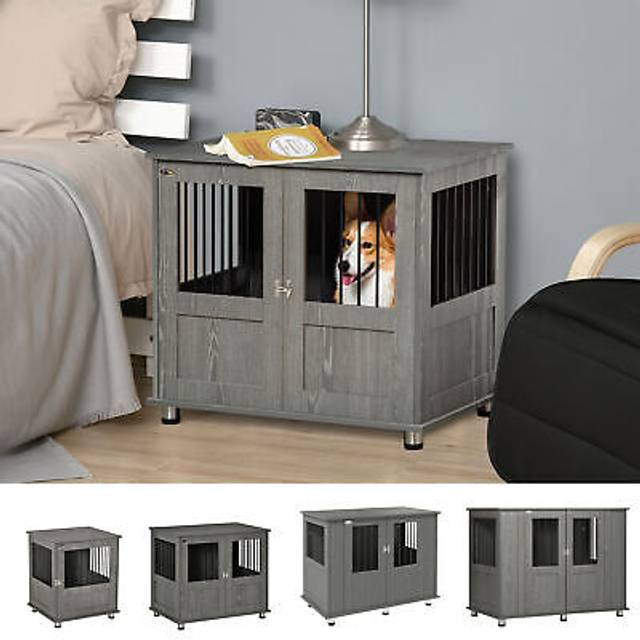Pawhut Dog Crate Furniture, Wooden End Table, Small Pet Kennel With Magnetic Door Indoor Crate Animal Cage, Grey