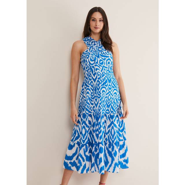 Phase Eight Bella Midi Dress, Azure Blue/Cream