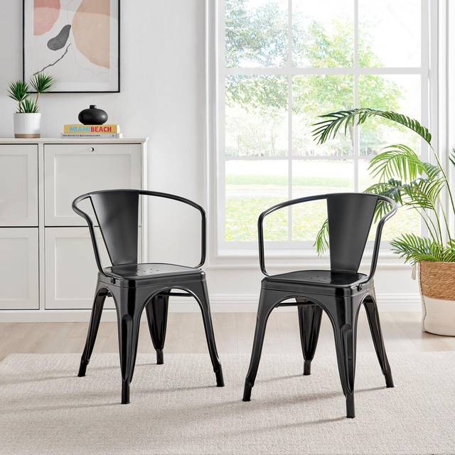 Set of 2 Colton Industrial Steel Stackable Tolix Style Dining Chairs with Arms - Black - One Size