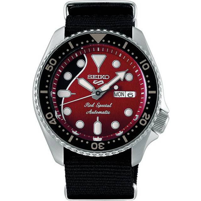 Seiko 5 Sports Brian May x Limited Edition "Red Special" Automatic Guitar Dial Black Nylon Military Strap Men's Watch SRPE83K1