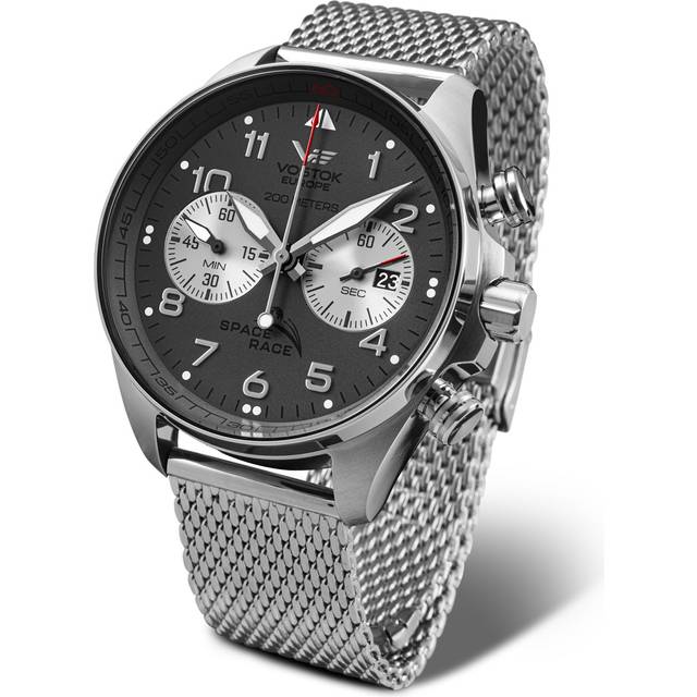 Vostok Europe Space Race herrklocka kronograf med milanesiskt band 20 ATM datum, Silver/grå, Armband