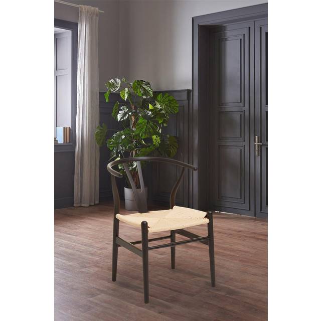Fusion Living Wishbone Black Beechwood And Natural Hemp Weave Dining Chair, Black