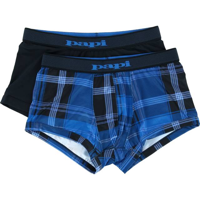 Papi Men's Brazilian Cut Plaid and Solid Underwear Trunks (2 Pack) - - Blue (Small)