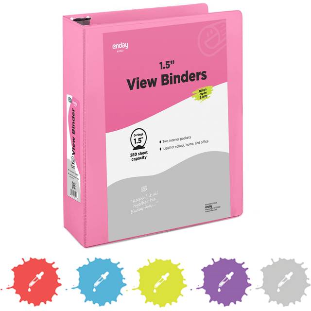 Enday No.0507 1.5 in. 3-Ring View Binder with 2-Pockets, Pink - Pack of 12
