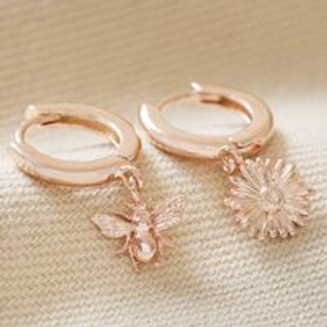 Mismatched Daisy and Bee Huggie Hoop Earrings in Rose Gold - rose gold - one size