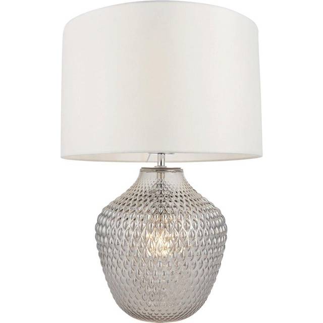 Grey Tinted Faceted Glass Twin Lit Table Lamp Light & Vintage White Fabric Shade
