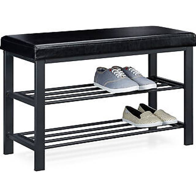 Relaxdays - Shoe Bench, 49 x 81 x 32 cm Open Shoe Shelves, Padded Seat w/ Faux Leather Cover, for 6-8 Pairs, Backless, Brown