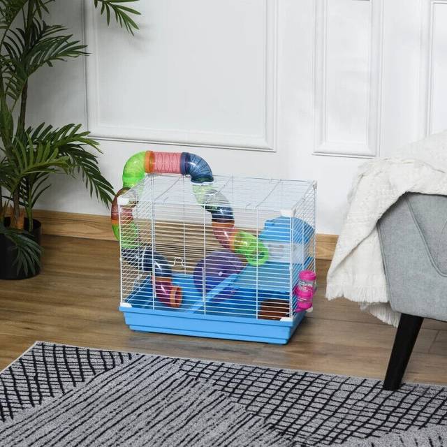 Pawhut 2 Tier Hamster Cage Carrier Habitat Small Animal House with Exercise Wheels Tunnel Tube Water Bottle Dishes for Dwarf Mice, Blue Aosom UK