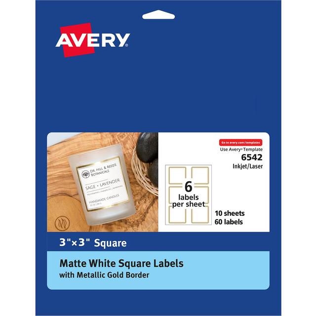 "Avery Matte White Labels with Metallic Gold Borders  3"""""""" x 3"""""""" Square Labels  60 Total  Laser/Inkjet Printable Labels (6542)"
