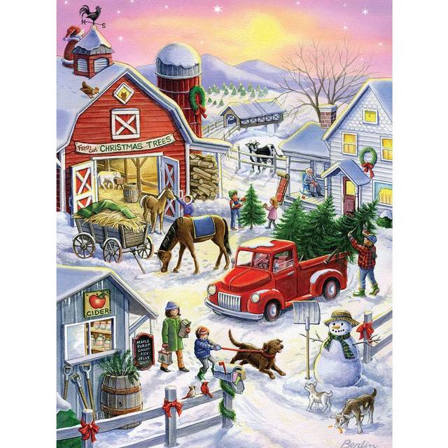 "Bits and Pieces - 500 Piece Jigsaw Puzzle for Adults 18"""" x 24"""" - Christmas Tree Farm Fun - 500 pc Dog Snowman Dog Winter Holiday Country Barn Jigsaw"