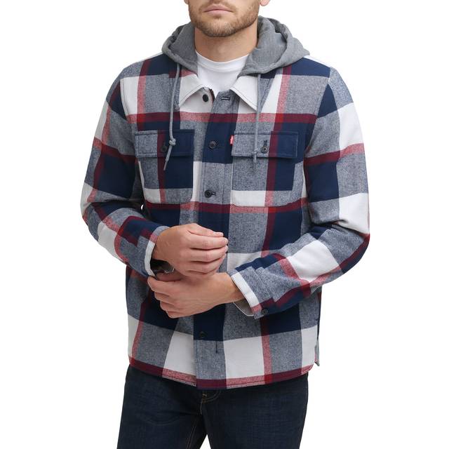 Levi's Men's Sherpa Lined Hooded Shirt Jacket (Regular & Big & Tall Sizes)  Navy/Red Skater Plaid  Small