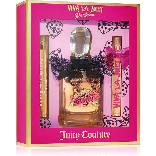Juicy Couture Gold Couture, Trio Eau de Parfum Spray Box för kvinnor, Väska Sprayflaska, Sensuell, blommig och fruktig parfym, gåva för kvinnor