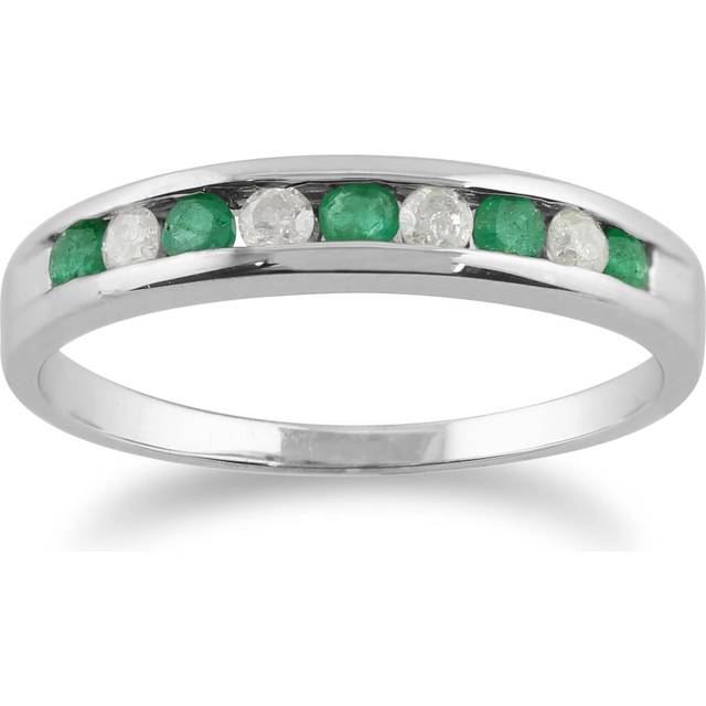 Classic Round Emerald & Diamond Half Eternity Ring in White 9ct Gold