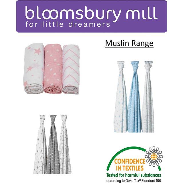 Bloomsbury Mill - Pack of 3 x Large Soft Muslin Swaddles - Pram & Nursing Cover - 100% Pure Organic Cotton Muslin in Gifting...