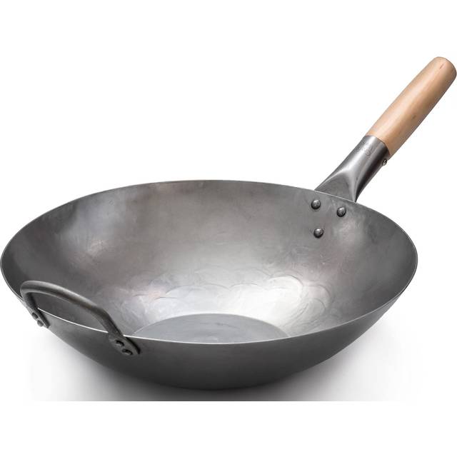 craft Wok Flat Hand Hammered carbon Steel Pow Wok with Wooden and Steel Helper Handle (14 Inch, Flat Bottom)