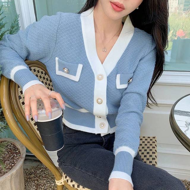 DAZY Autumn/Winter Casual Business Color Block Trim Cardigan,Long Sleeve Tops