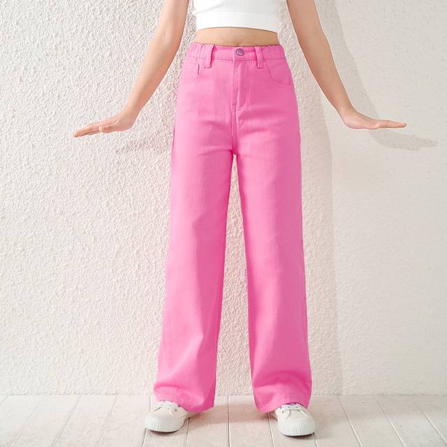 Tween Flicka Y2K Stil Lös passform Rakt Ben Rosa Denim Jeans (120,130,140,150,160)