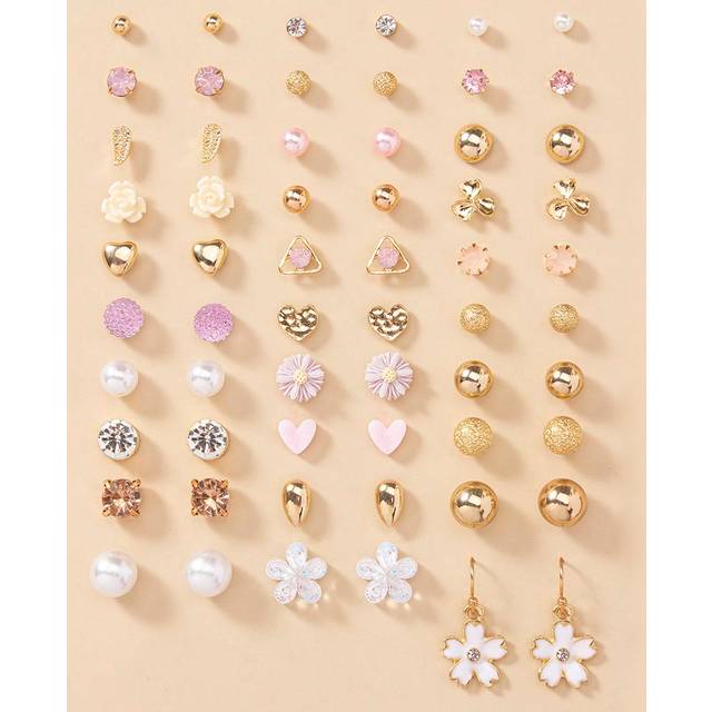 SHEIN 30 Pairs/Set Exquisite & Simple Metal Faux Pearl Floral Heart Shaped Ear Studs Set, Gift For Women&#39;s Dating Valentines,Mom,Mother,Mother&#39;s Day,Gift