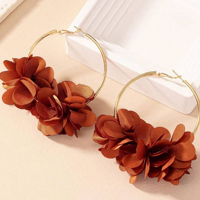 SHEIN 1pair Brown Red Cloth Flower Circle Earrings Valentines,Mom,Mother,Mother&#39;s Day,Gift
