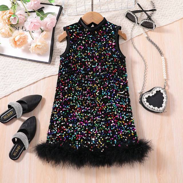 SHEIN Young Girl Black Shiny Sequin Elegant Party Dress