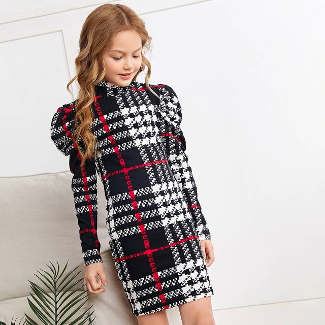 SHEIN Tween Girls Plaid Mock Neck Gigot Sleeve Dress