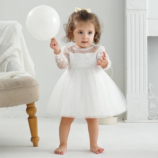 Blomma spetsbroderier Elegant långärmad prinsessklänning för flicka, perfekt för fest, bröllop, 100-årsdagen och födelsedagsfesten - Vitt (6-9M,9-12M,12-18M,18-24M,3-6M)