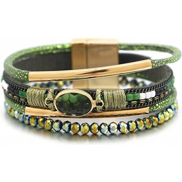 1 st Mode PU polyuretan Cubic Zirconia Dekor Pärllager Layered String Armband För Kvinnor För Mors Dag Present - Grön (En-Storlek)