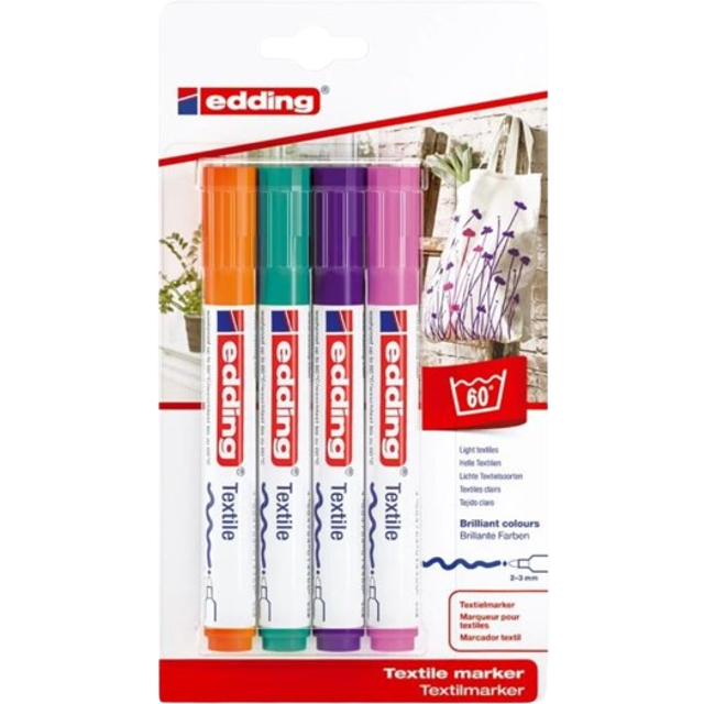 edding 4500 Textile Marker - Orange, Violet, Pink, Green - Set of 4 - Round Nib 2-3 mm - Permanent Fabric Markers for Drawing on Textiles, Wash-R