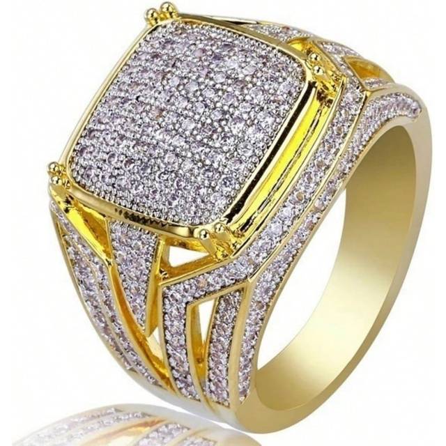SHEIN 1pc Fashionable & Minimalist Two-tone Fully Studded Square Men&#39;s Engagement Ring, Gold Color