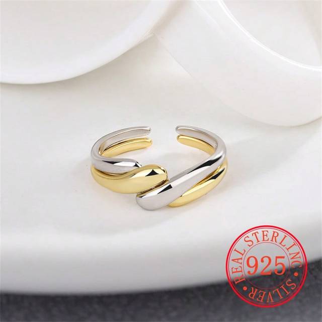 SHEIN 1pc European, American, Korean S925 Pure Silver Ring For Women, 2-in-1 Combination Gold Plated & White Gold Plated Twisted Personalized Punk Silver Je